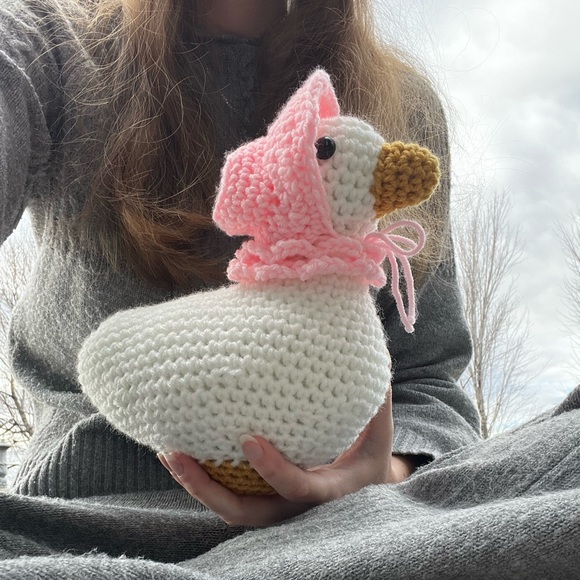 Hand Crocheted Carla the White Goose with Bonnet Stuffed Animal Plushie! - Picture 8 of 14